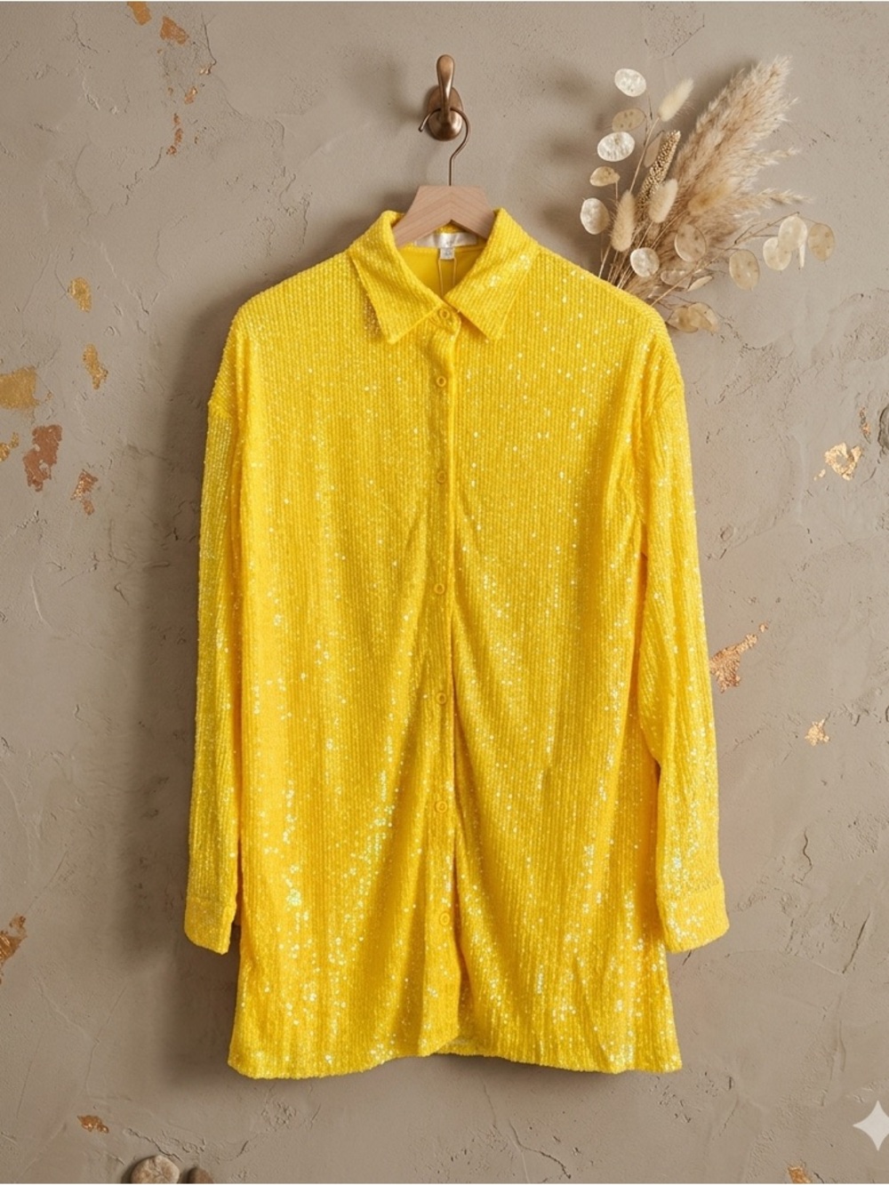 Anthropologie Sequin Tunic Shirt Dress Yellow XS Collared Button NWT - Picture 3 of 16